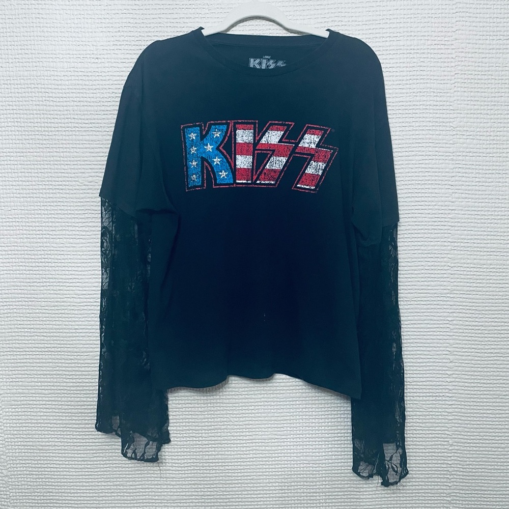 Urban Renewal Oversized Black KISS Tee with Lace Bell Sleeves